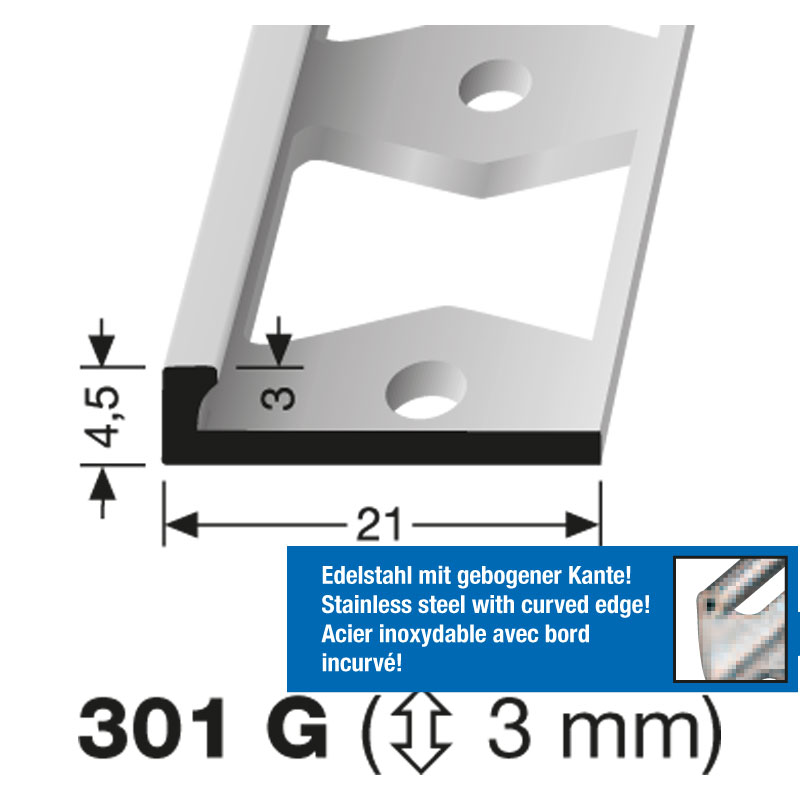 Küberit Fliesenabschluß 3 mm Typ 301 G, 250 cm, Messing poliert (F7)