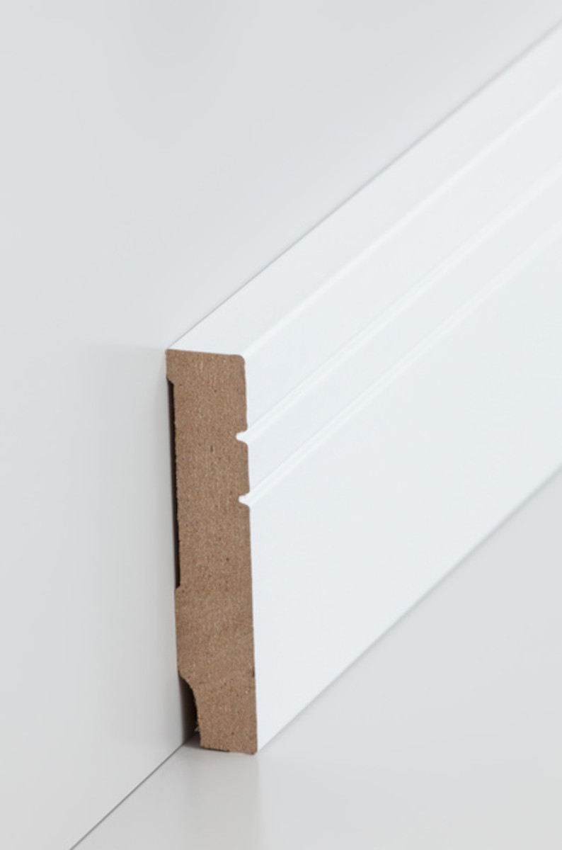 SÜDBROCK MDF Fußleiste 16 x 80 mm, weiß Foliert, rechteckig, Sichtseite mit 2 Profilnuten, 250 cm SÜDBROCK MDF Fußleiste 16 x 80 mm, weiß Foliert, rechteckig, Sichtseite mit 2 Profilnuten, 250 cm
