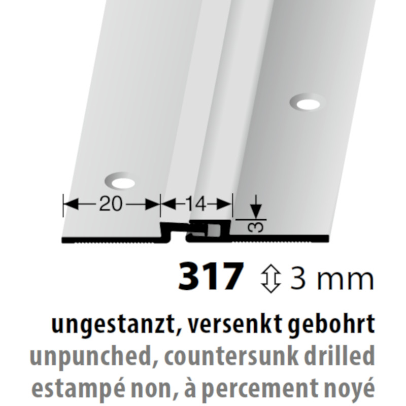 Küberit Alu Dehnungsprofil Typ 317, 3 mm, 270 cm, versenkt gebohrt, edelstahloptik (F2)