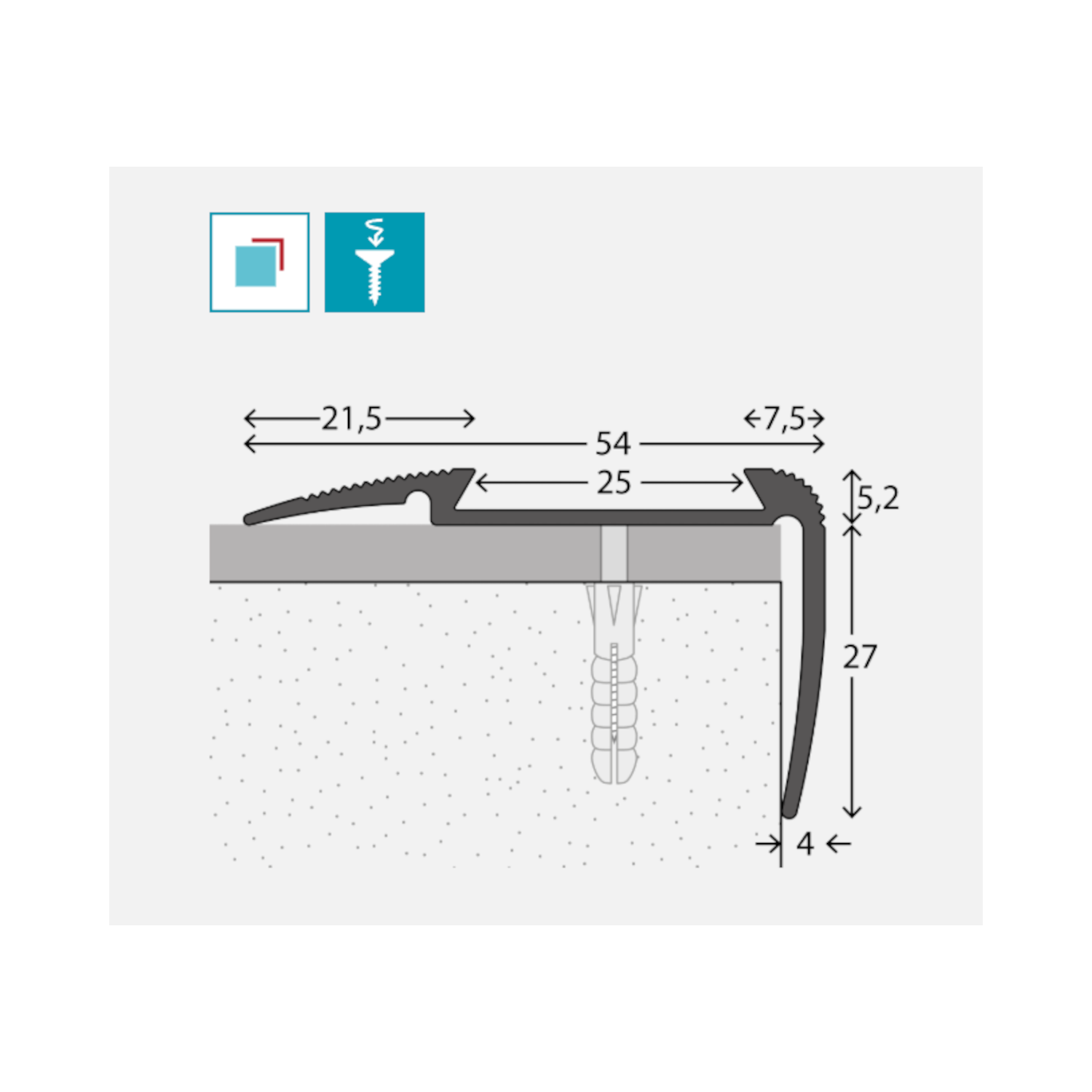 PRINZ Alu Treppenkantenprofil Nr. 193 (Kombiprofil) 54 x 27 mm, 500 cm, schwarz