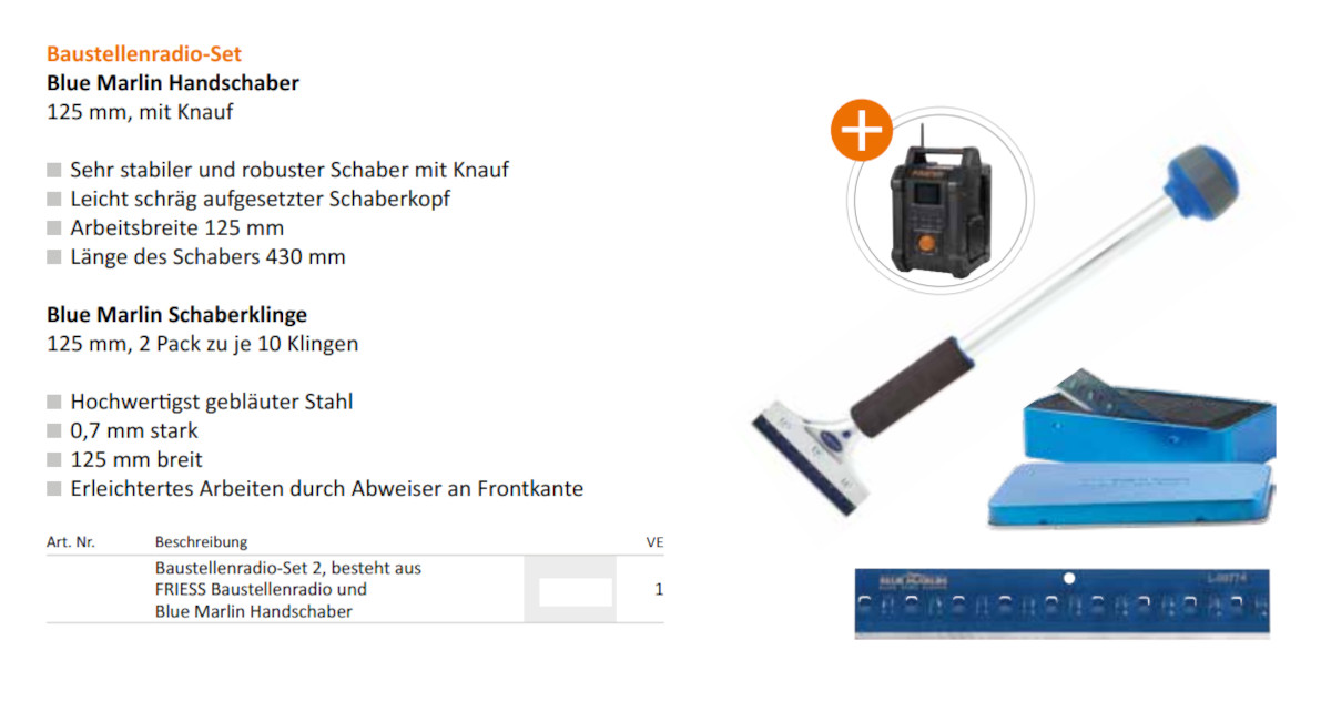 Friess Baustellen - Radio Set, BM Schaber 20 BM Schaberklingen + Radio Friess Baustellen - Radio Set, BM Schaber 20 BM Schaberklingen + Radio