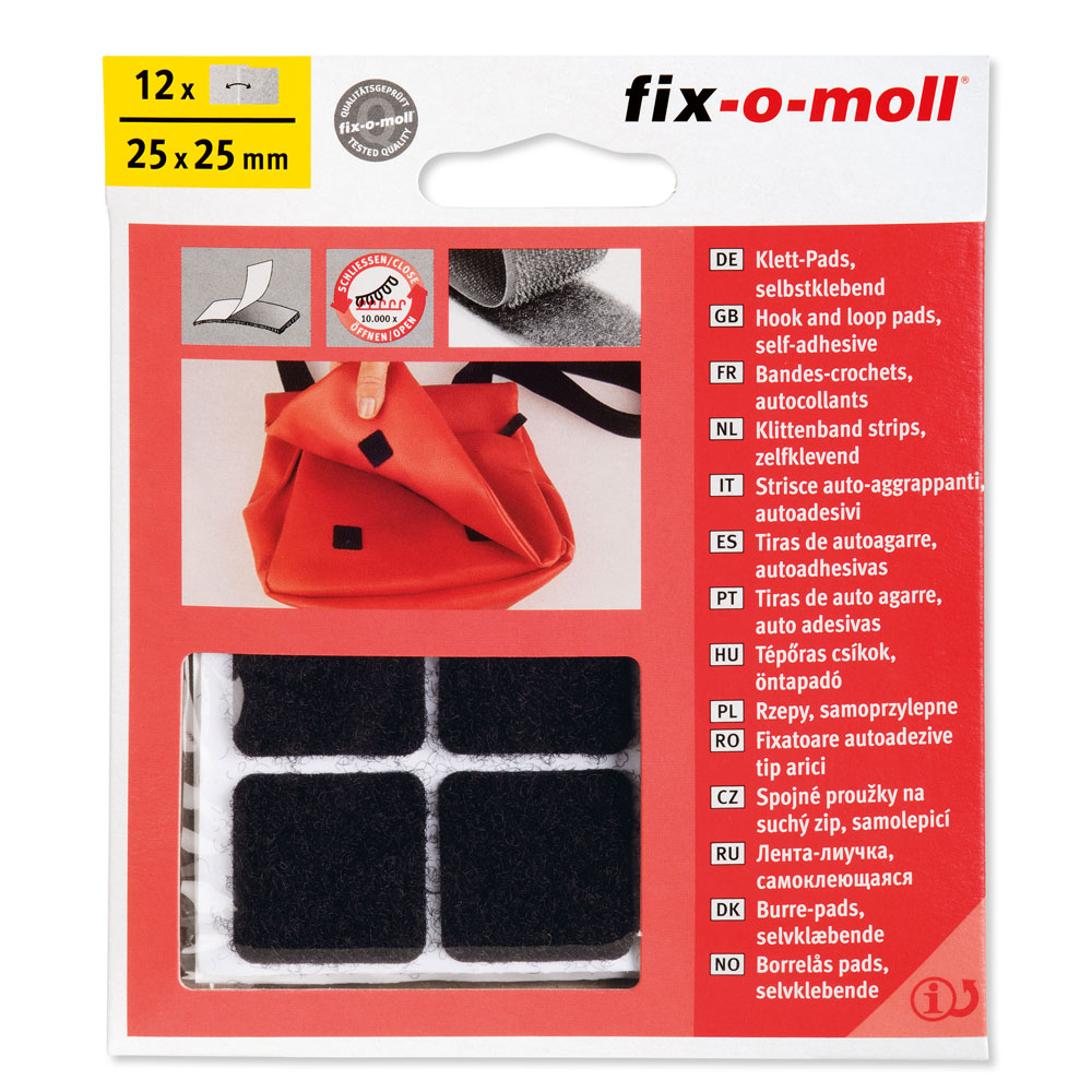 fix-o-moll Klettpads 25 mm x 25 mm, SK, schwarz, VE = 12 Klettpads