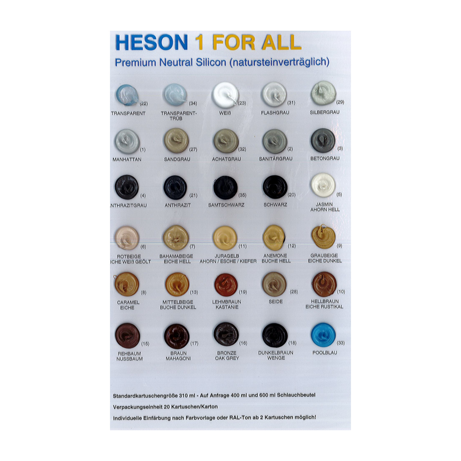 Heson 1 For All Fugenmasse 310 ml Neutral Silikon, natursteinverträglich, Manhattan (1) Heson 1 For All Fugenmasse 310 ml Neutral Silikon, natursteinverträglich, Manhattan (1)