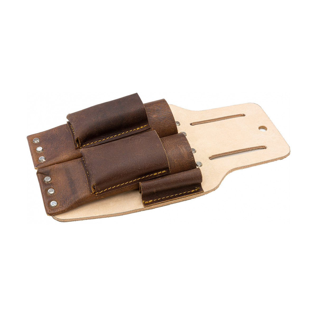 Doppelmessertasche (Messerhalter) aus Leder für den Profi - für 2 Verlegemesser, inkl. Klingendispenser- und Stifthalter. Doppelmessertasche (Messerhalter) aus Leder für den Profi - für 2 Verlegemesser, inkl. Klingendispenser- und Stifthalter.