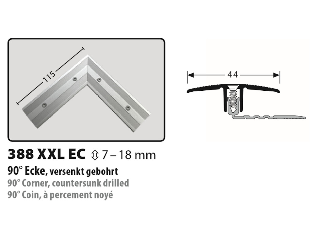 Küberit 388 XXL EC PPS®-Champion 90° Ecke, Übergangsprofil 7-18 mm, edelstahloptik (F2) Küberit 388 XXL EC PPS®-Champion 90° Ecke, Übergangsprofil 7-18 mm, edelstahloptik (F2)