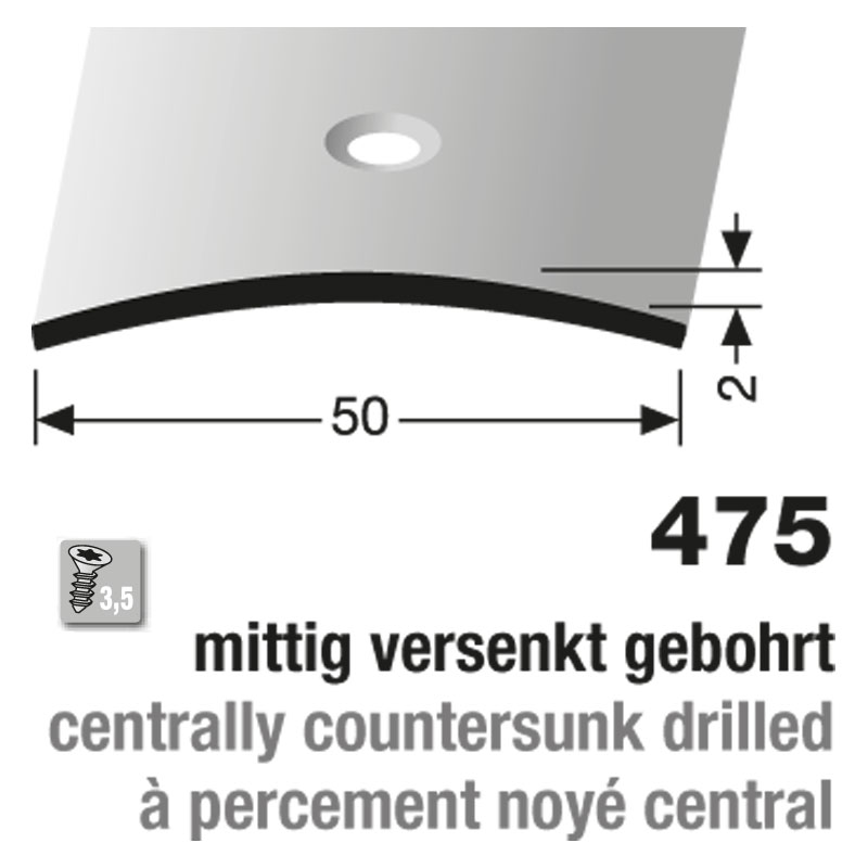 Küberit Übergangsprofil Typ 475, 500 cm, Edelstahl poliert (F8), 2,0 x 50 mm, mittig gebohrt