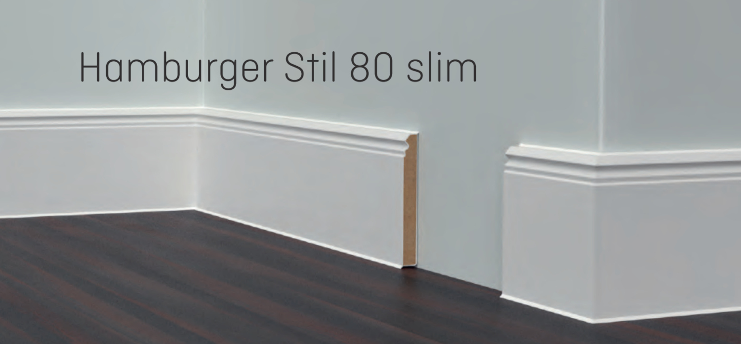 Döllken "Hamburger Stil 80" SLIM 13 x 80 mm, HDF-Kern PVC ummantelt, 250 cm, weiß RAL 9016 (1408) Döllken "Hamburger Stil 80" SLIM 13 x 80 mm, HDF-Kern PVC ummantelt, 250 cm, weiß RAL 9016 (1408)