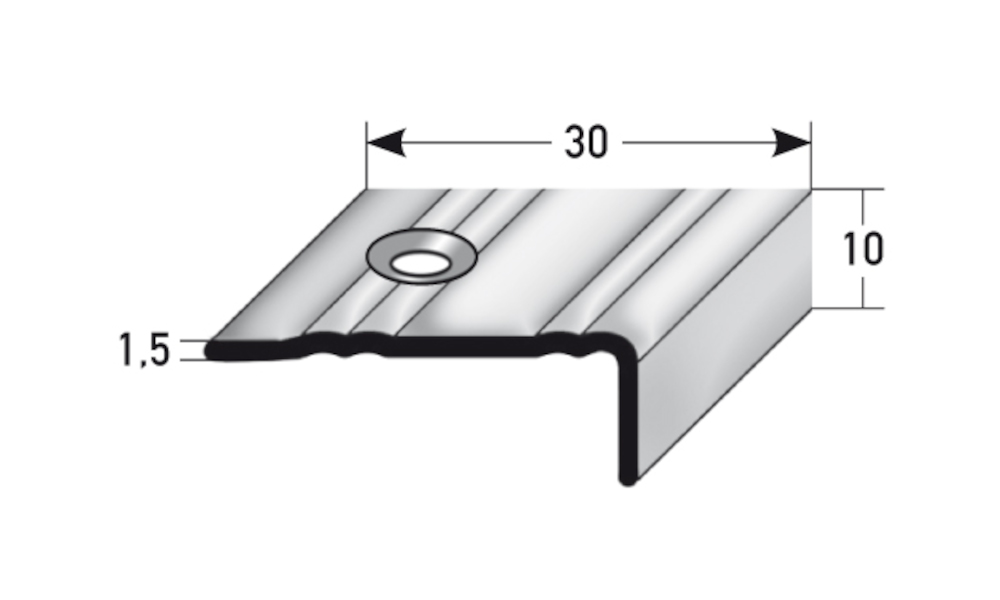 AUER Edelstahl Treppenkante Typ 204, 10 x 30 x 1,5 mm, profilierte Riffelung, matt, gebohrt, 100 cm