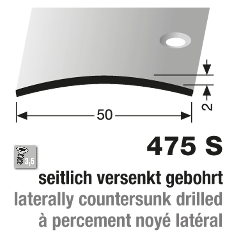 Küberit Übergangsschiene 2,0 x 50 mm, Typ 475 S, 270 cm, edelstahl poliert (F8)