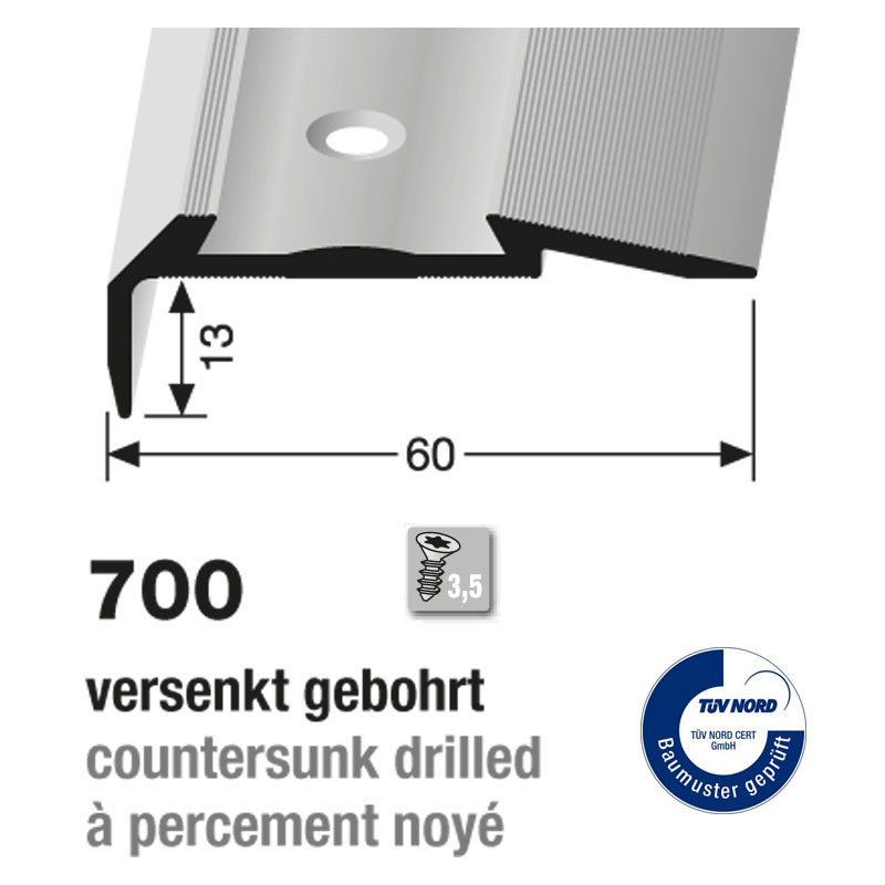 Küberit Alu Sicherheitstreppenkante 13 x 60 mm, Typ 700, 250 cm, edelstahloptik (F2) Küberit Alu Sicherheitstreppenkante 13 x 60 mm, Typ 700, 250 cm, edelstahloptik (F2)