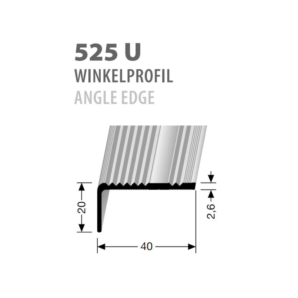 Küberit Alu Winkelprofil 20 x 40 mm, Typ 525, ungebohrt