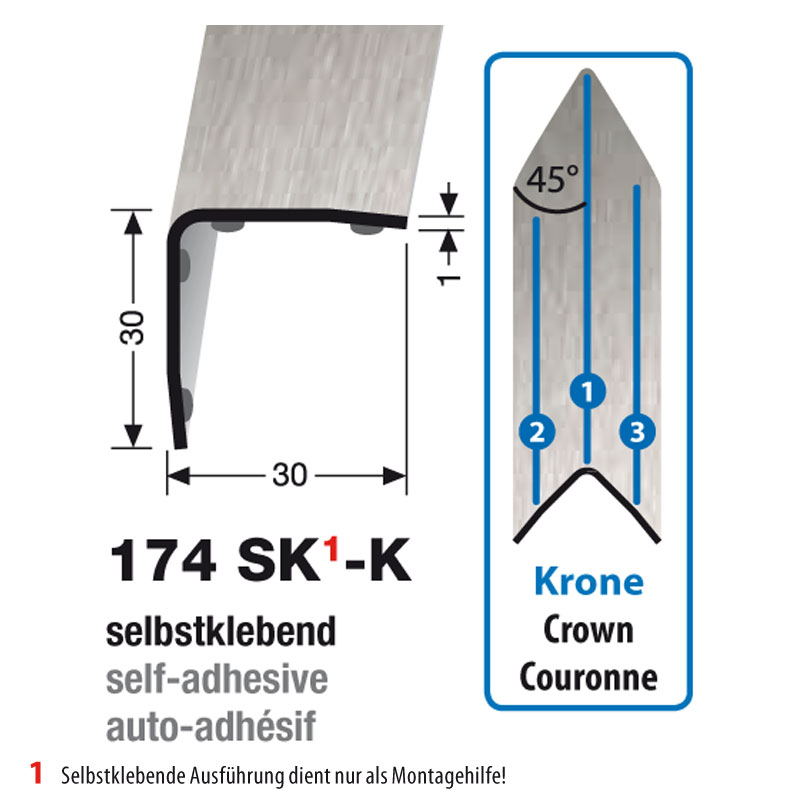 Küberit Eckschutzwinkel mit Krone, Typ 174 SK-K, selbstklebend, 150 cm, edelstahl gebürstet (F8G) Küberit Eckschutzwinkel mit Krone, Typ 174 SK-K, selbstklebend, 150 cm, edelstahl gebürstet (F8G)