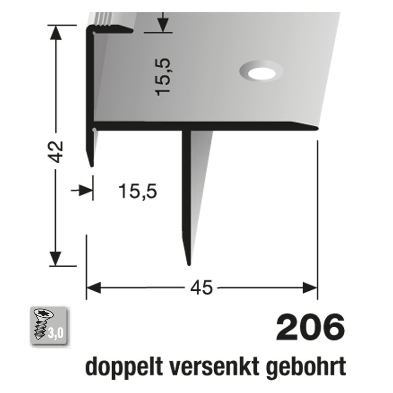 Küberit Alu Treppenkantenprofil Typ 206, 15,5 mm, 300 cm, poliert (F3)
