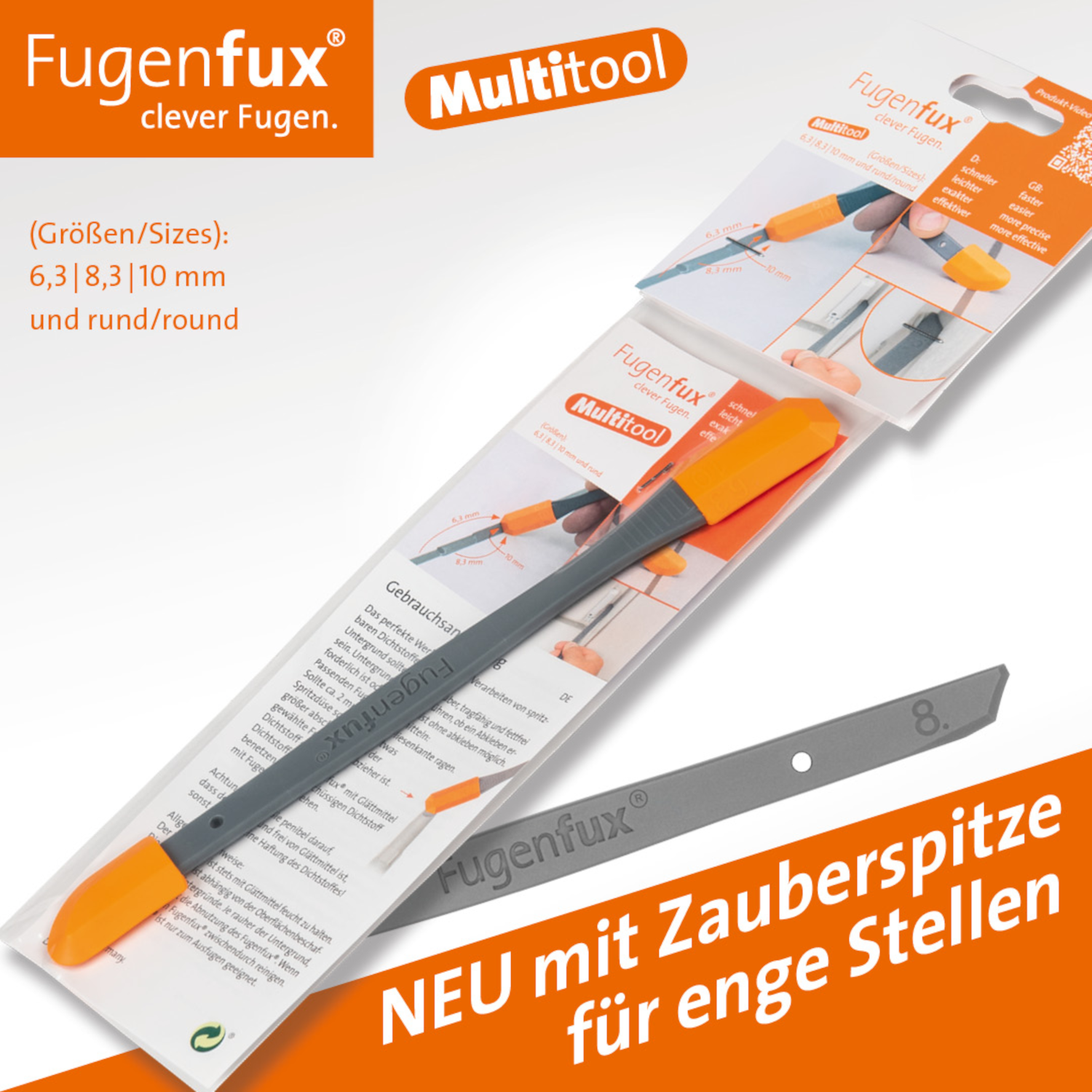 FUGENFUX® Multitool mit Funktionsstiel – Größen 6,3/8,3/10 mm und Rundfuger mit Zauberspitze 8 mm