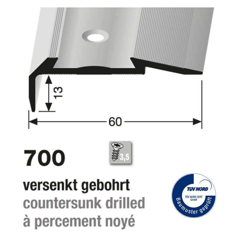 Küberit Alu Sicherheitstreppenkante 13 x 60 mm, Typ 700, 500 cm, silber (F4)