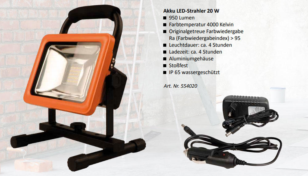 Akku LED-Strahler 20 W (entspricht der Leistung von 400 W Halogen) Akku LED-Strahler 20 W (entspricht der Leistung von 400 W Halogen)