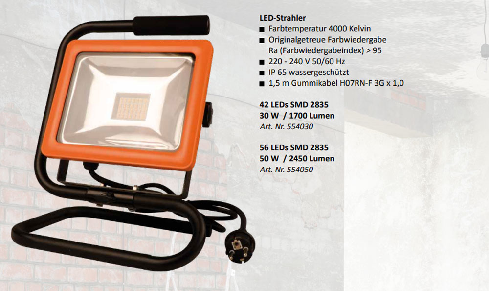 LED-Strahler 50 W mit 1.5 m Gummikabel (entpricht der Leistung von 1000 W Halogen) LED-Strahler 50 W mit 1.5 m Gummikabel (entpricht der Leistung von 1000 W Halogen)